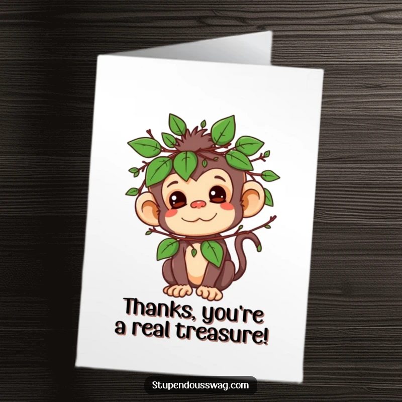 Funny free printable thank you card: A mischievous monkey, peeking from its leaf disguise, offers a thankful expression.