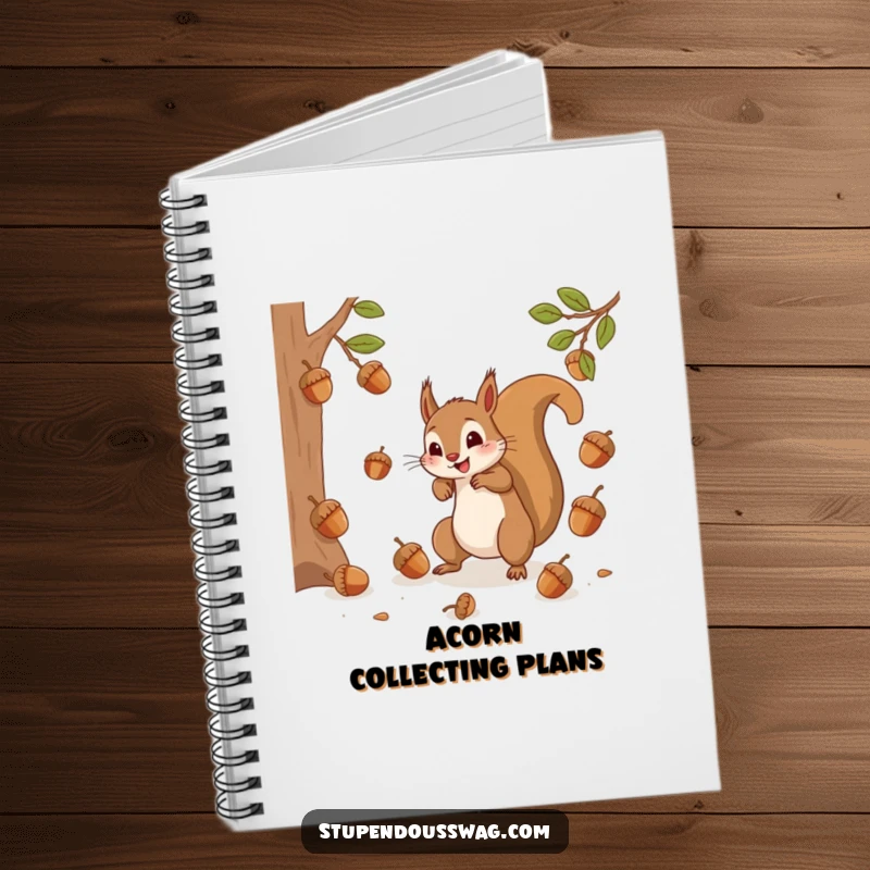 A notebook cover featuring a frantic squirrel catching bouncing acorns, perfect for jotting down notes, plans, or chaotic thoughts.