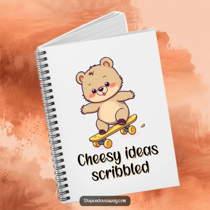Funny notebook featuring a clumsy bear cub attempting to ride a cheese skateboard, inspiring fun and creative note-taking.