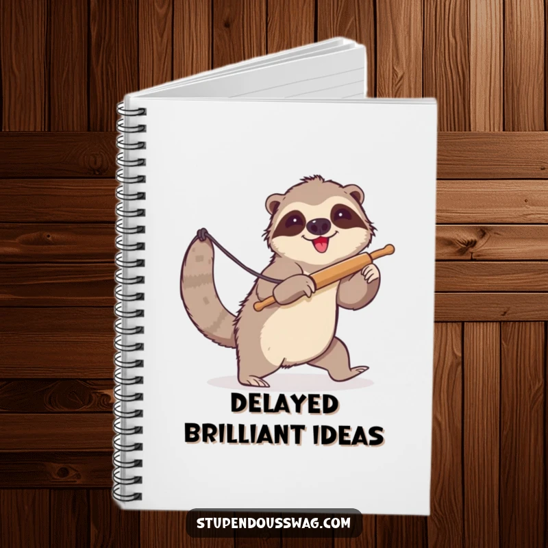 Funny sloth notebook with a clumsy sloth attempting to lasso a runaway rolling pin. Humorous stationery for jotting down notes.