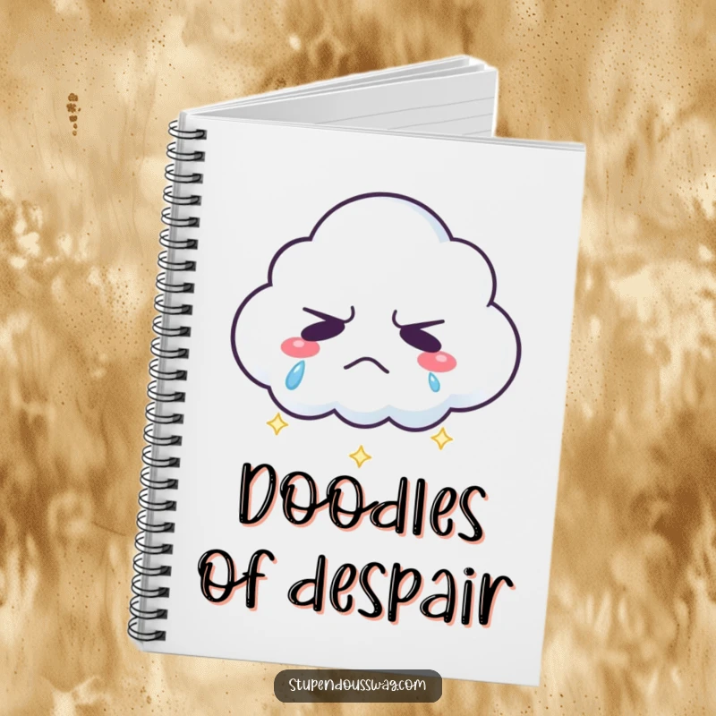 Funny grumpy cloud notebook with sparkling rainbow tears, a humorous and colorful journal for creative minds.