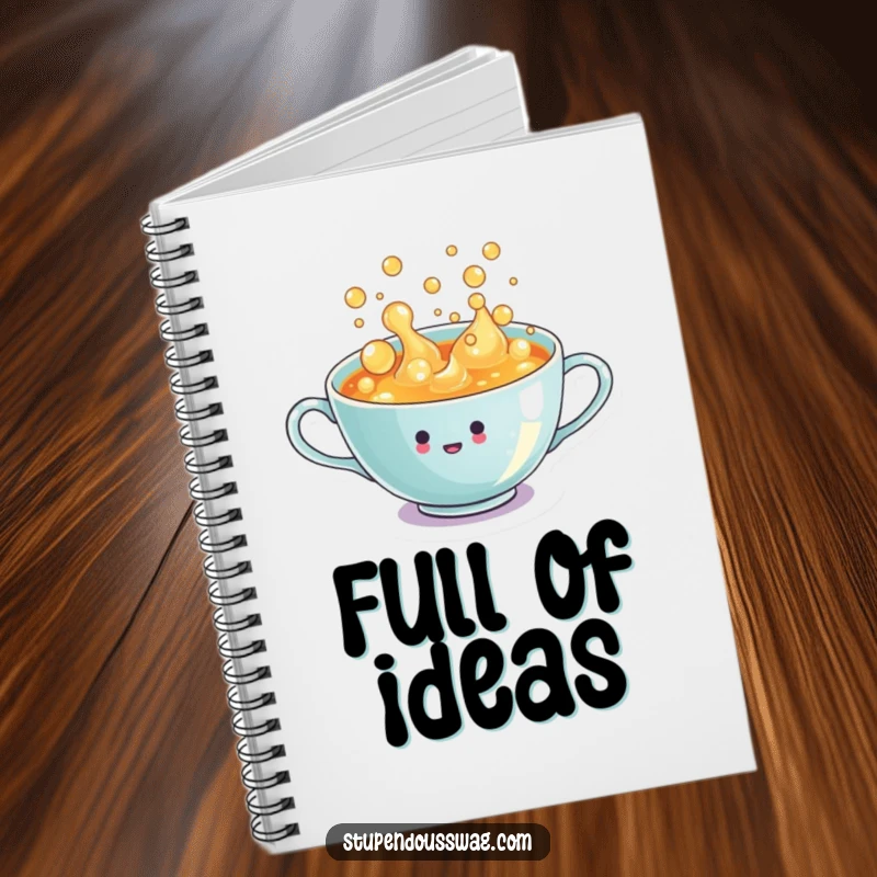 Funny Notebook: A tiny teacup overflowing with enthusiastic, bubbly liquid, ready to capture cheerful ideas.