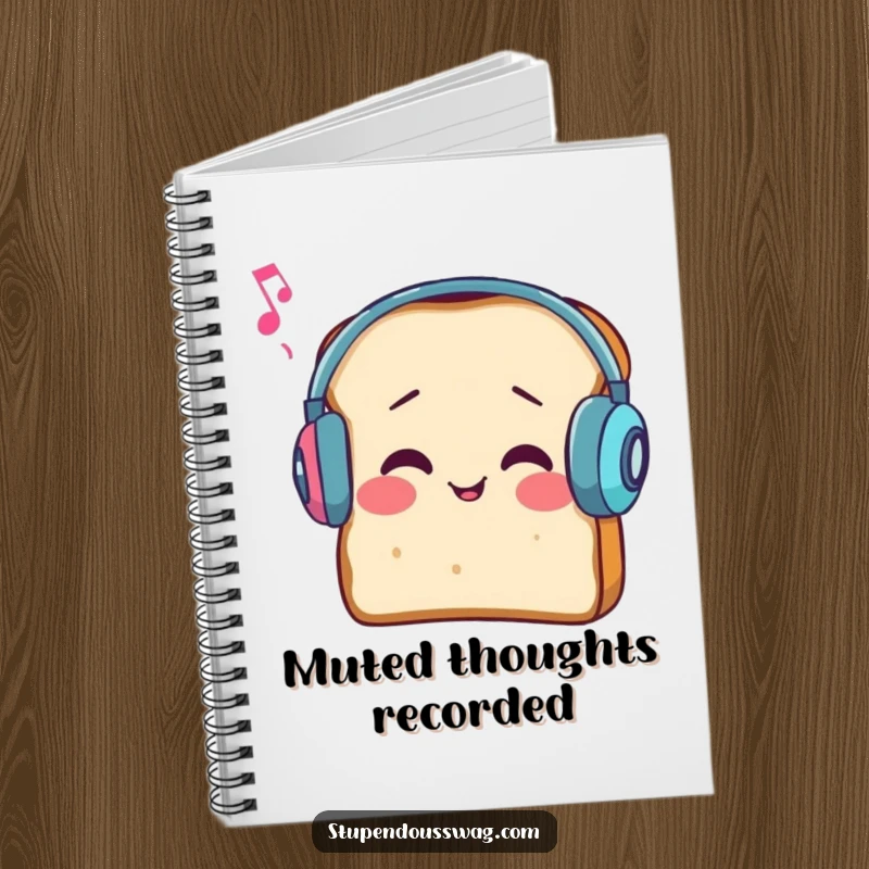 Funny notebook cover with a slice of bread wearing earmuffs, comically trying to hear music, ready for notes.