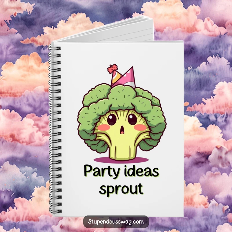 Funny notebook featuring a surprised broccoli head wearing a party hat, inspiring fun and creative note-taking.