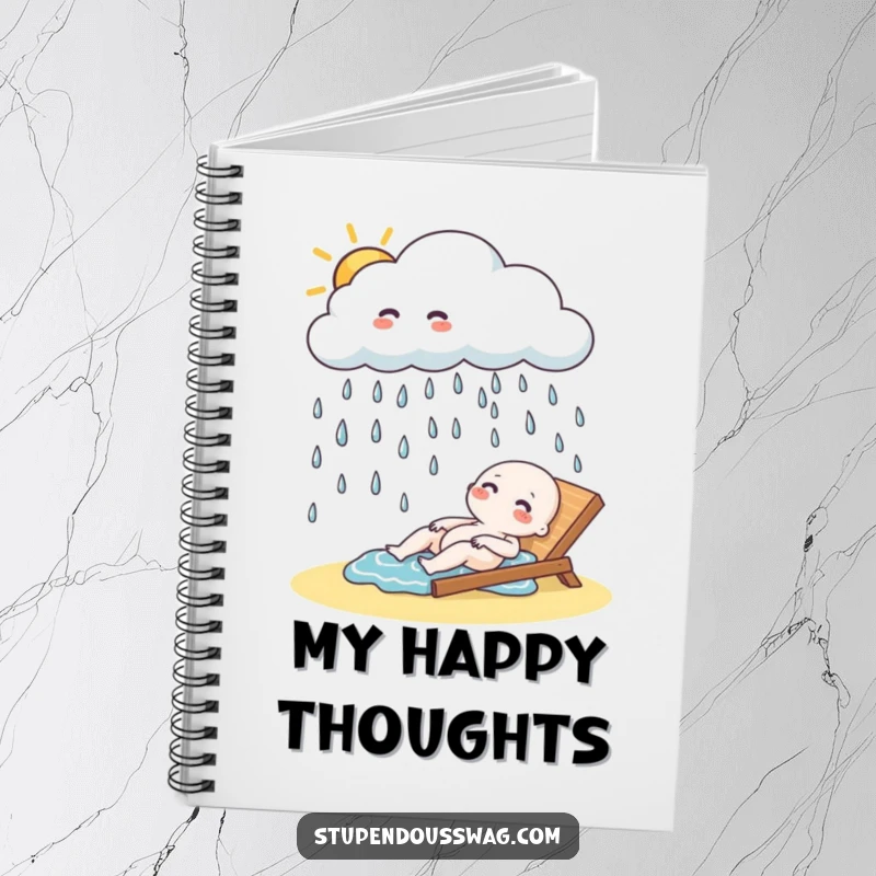 Funny Notebook: A playful cloud raining giggling raindrops, ready to capture cheerful ideas.