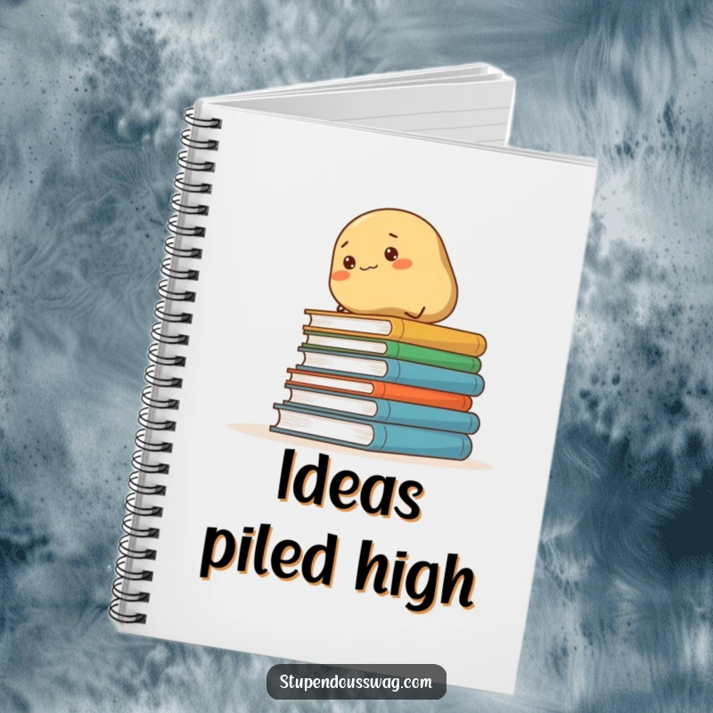 Funny notebook with a determined potato climbing books, encouraging creative writing and humorous goal-setting.