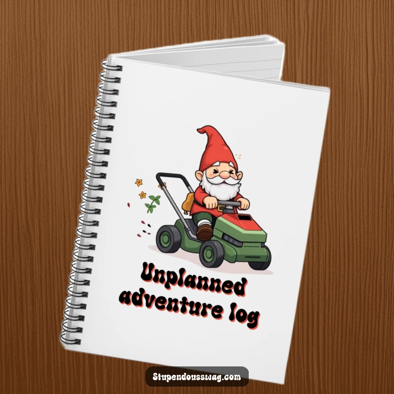 Funny Notebook: A garden gnome confusedly riding a runaway lawnmower, ready to capture chaotic thoughts.