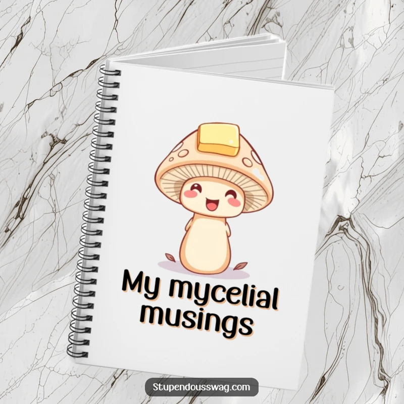 Funny mushroom notebook with a delighted mushroom wearing a tiny hat made of a butter pat. Whimsical stationery for jotting down notes.