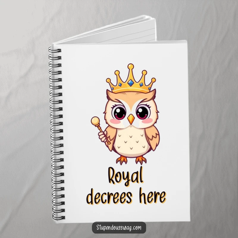 Funny notebook with a surprised owl wearing a crown and holding a scepter, ideal for jotting down notes with a regal and humorous theme.