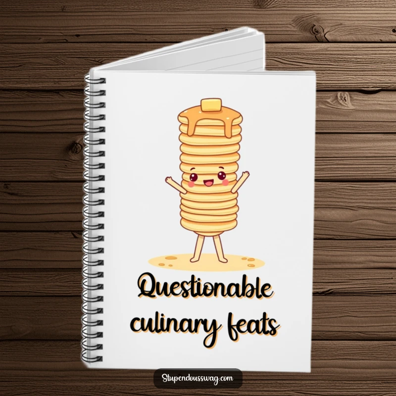 Funny notebook cover with a wobbly pancake tower attempting a handstand, inspiring funny and creative notes.