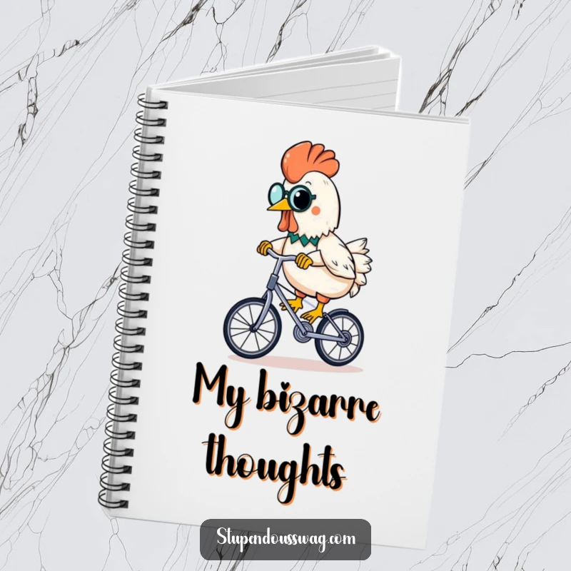 Funny rubber chicken with monocle on a unicycle with banana, featured on a funny and inspiring notebook.