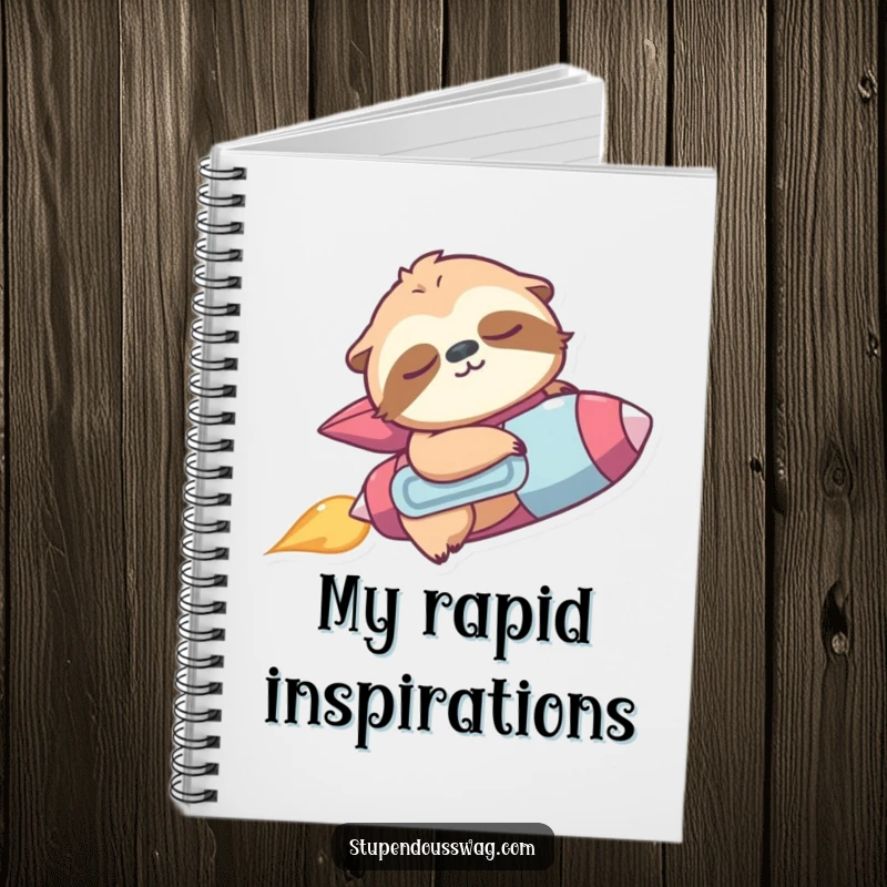 Funny notebook cover with a sleepy sloth wearing a jetpack, accidentally zooming upwards, ready for notes.