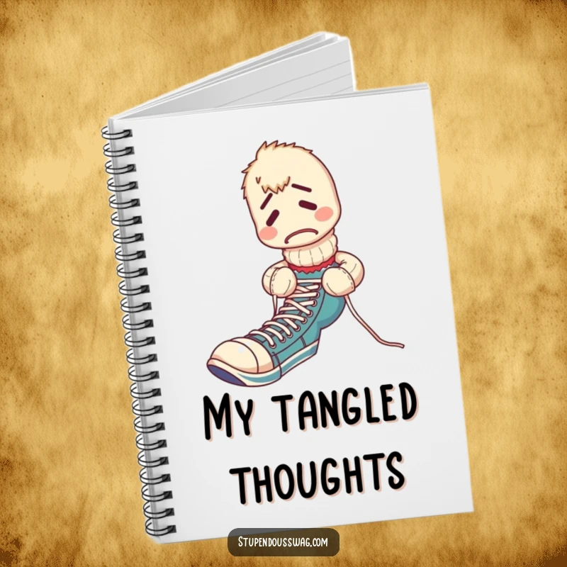 Funny notebook cover with a confused sock puppet in a shoelace knot, encouraging humorous note-taking and planning.
