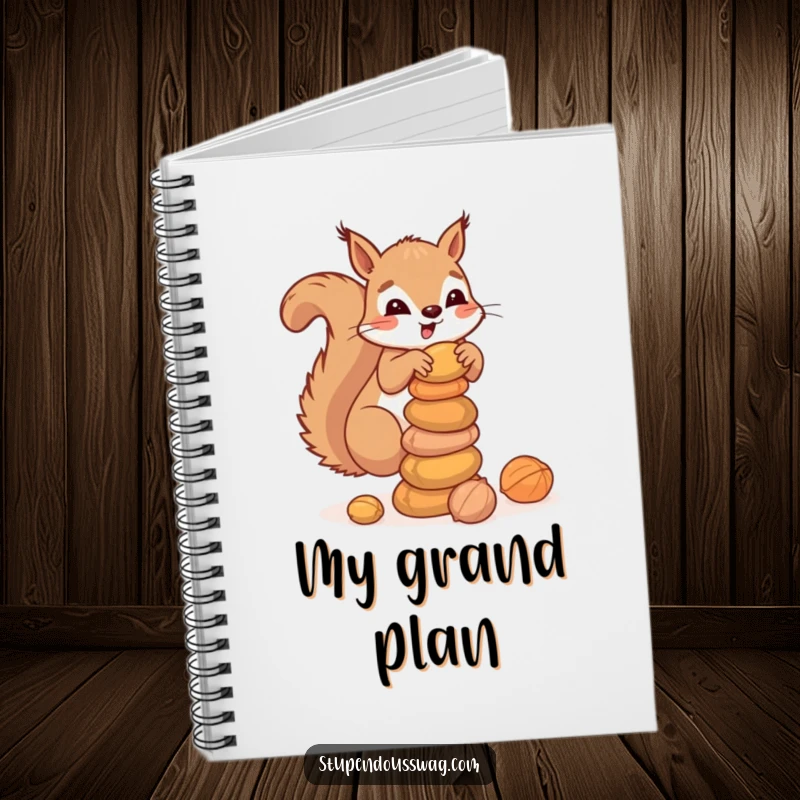 Funny notebook featuring a clumsy squirrel balancing a stack of nuts, designed for note-taking, journaling, and capturing organized or chaotic thoughts.