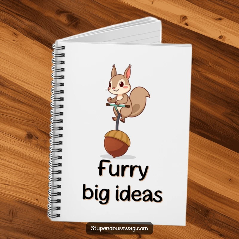 Funny notebook with a mischievous squirrel balancing on a giant acorn unicycle, ideal for capturing notes with a touch of whimsy.
