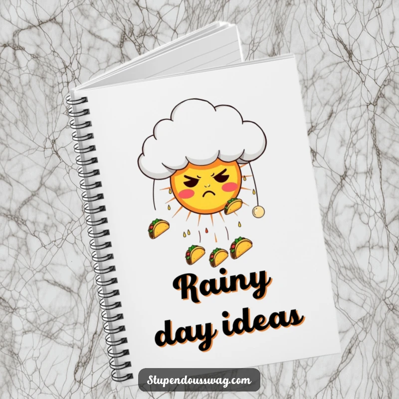 Funny notebook with a grumpy cloud raining tacos on a confused sun, ideal for capturing notes with a touch of whimsical humor.