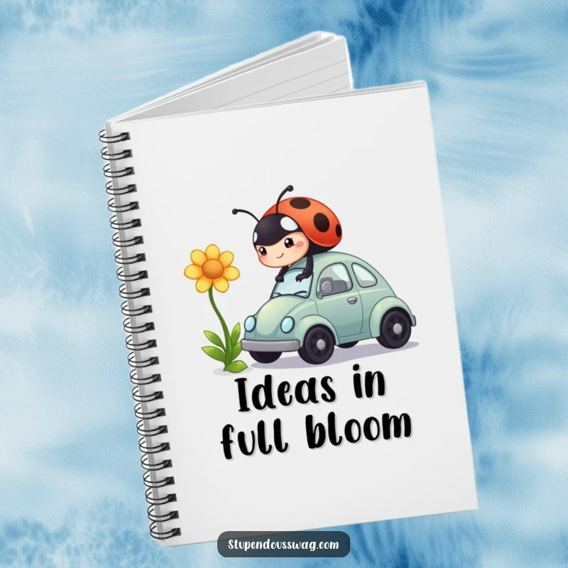Funny notebook with a determined ladybug attempting to power a tiny car with a flower, inspiring creative note-taking.