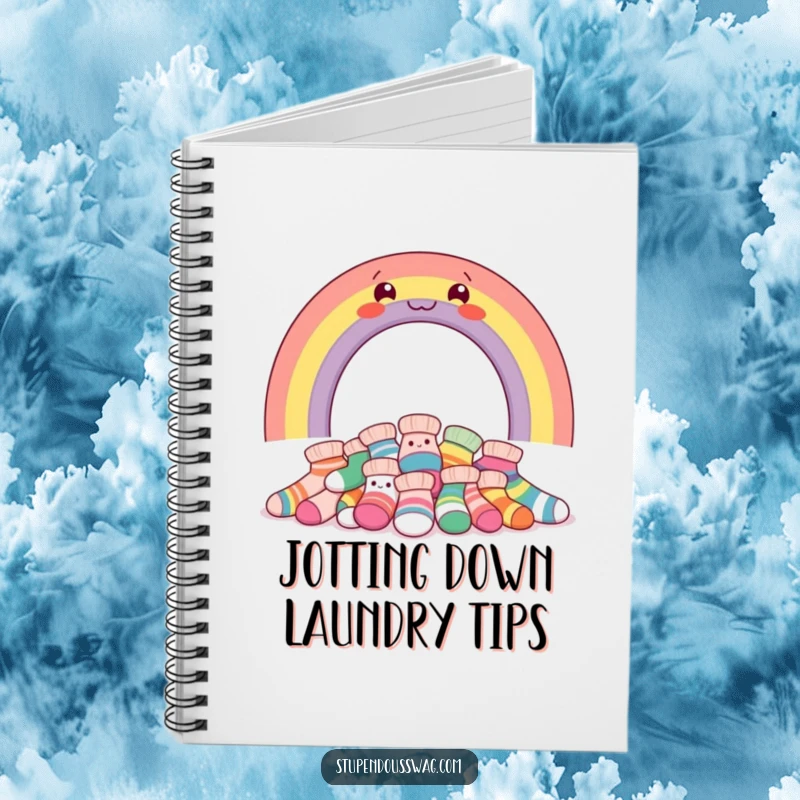 Funny notebook with a smiling rainbow above giggling socks, perfect for jotting down notes and doodles.