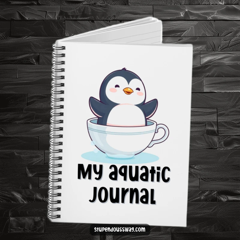 Funny penguin teacup notebook with a dizzy bird sailing in a coffee cup, a humorous journal for creative minds.