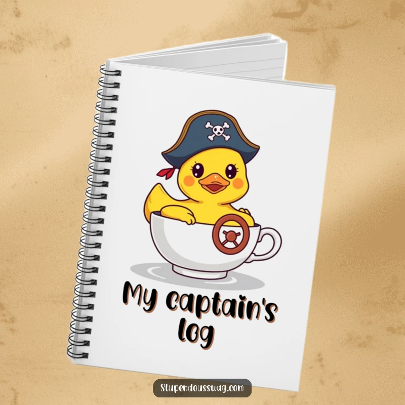 Funny notebook with a rubber duck wearing a pirate hat steering a teacup, ideal for capturing notes with a touch of whimsy.