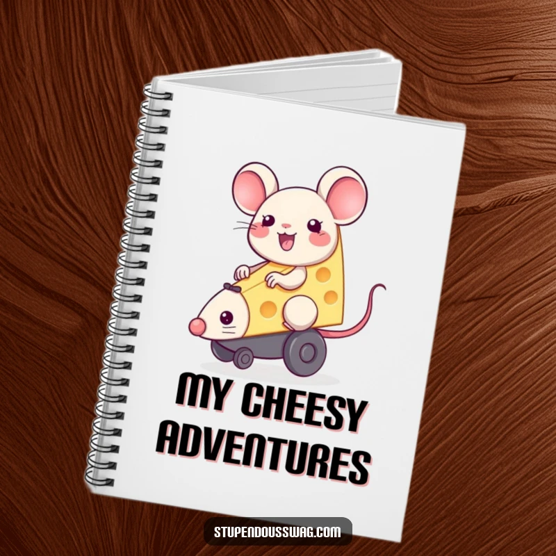 Happy piece of cheese riding a squeaky toy mouse, a cute notebook for jotting down thoughts.