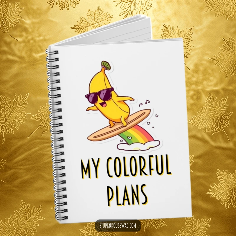 Funny notebook cover with a banana wearing sunglasses, surfing a vibrant rainbow, ready for creative adventures.