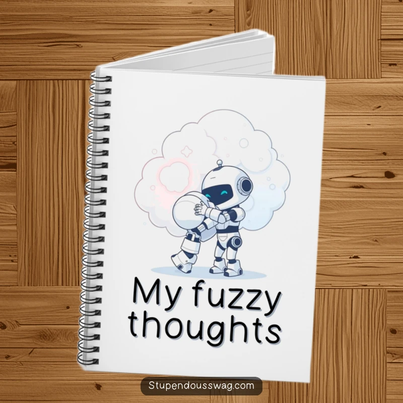 Funny tiny robot attempting a giant hug with a fluffy cloud, featured on a notebook cover for jotting down heartwarming thoughts.
