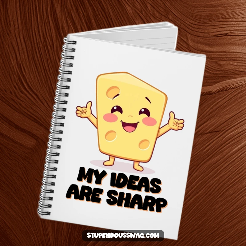 Funny dramatic cheese notebook, illustrated with a smiling cheese wedge in a theatrical pose for humorous note-taking.