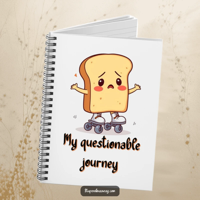 Confused loaf of bread trying to wear roller skates, a cute notebook for jotting down thoughts.