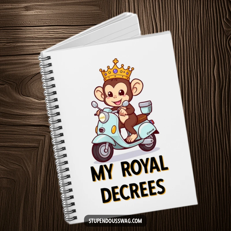 Funny Monkey King Notebook featuring a mischievous, crowned monkey riding a tiny ornate scooter, perfect for royal notes.