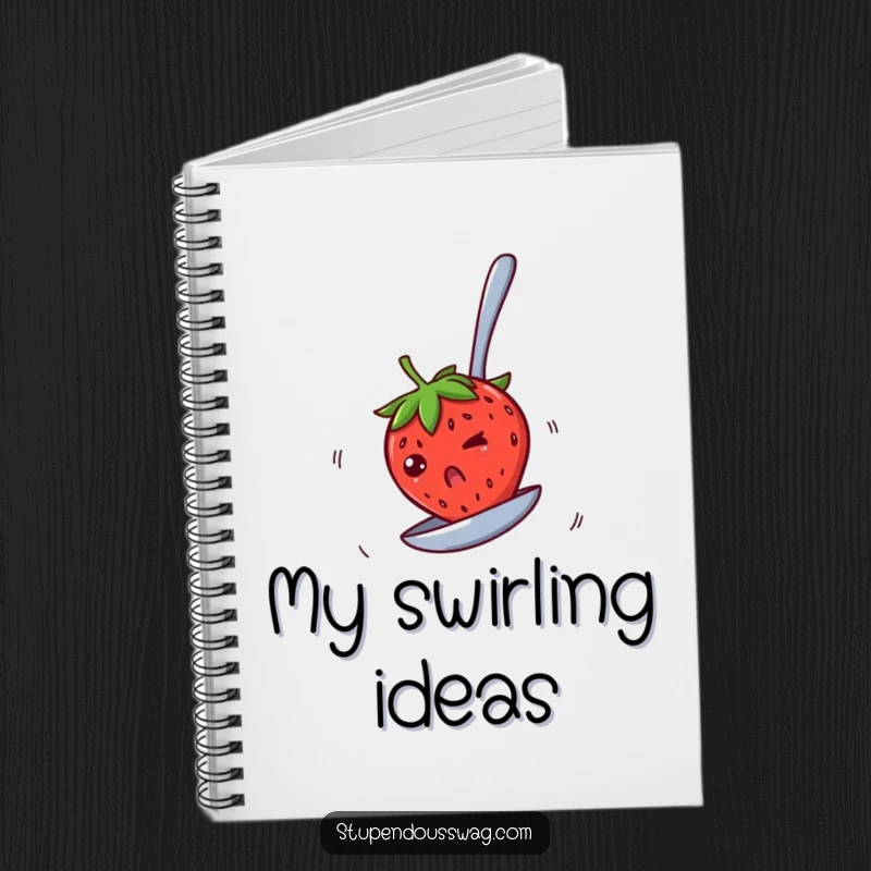 Funny notebook featuring a bewildered strawberry spinning rapidly on an upside-down spoon, perfect for jotting down notes with a humorous flair.