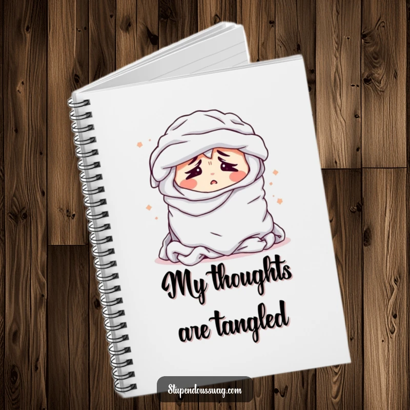 Funny notebook cover with a bewildered pile of laundry sighing dramatically, designed for jotting down notes with a humorous twist.