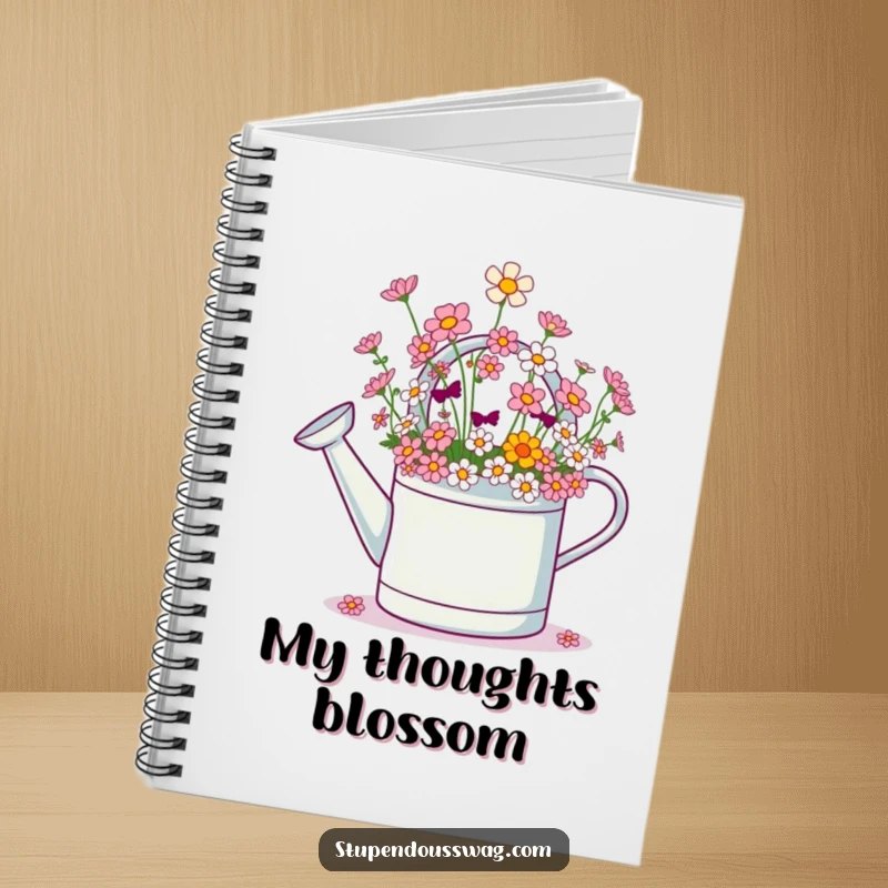Funny notebook with a giggling watering can illustration, overflowing with tiny flowers, perfect for jotting down creative ideas.