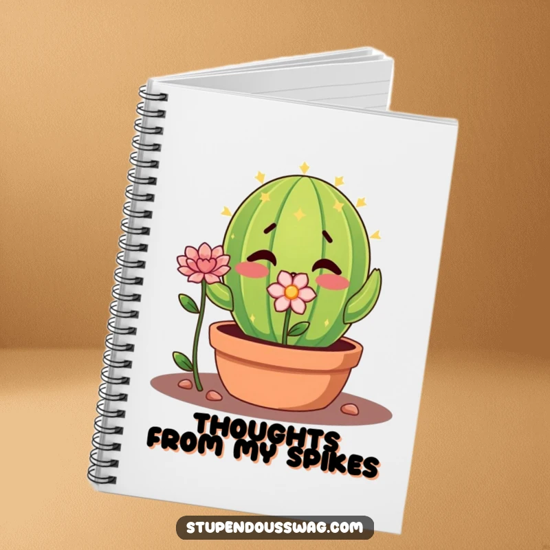Funny shy cactus notebook with a nervous plant offering a flower, a humorous and gentle journal.