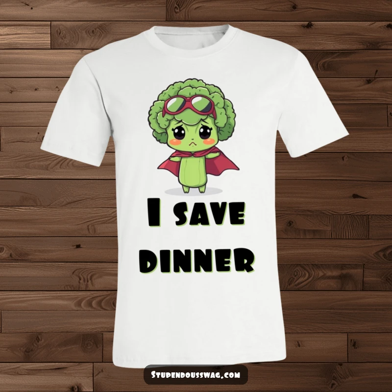 Funny bewildered broccoli t-shirt featuring a small floret with a tiny superhero cape, looking comically lost.