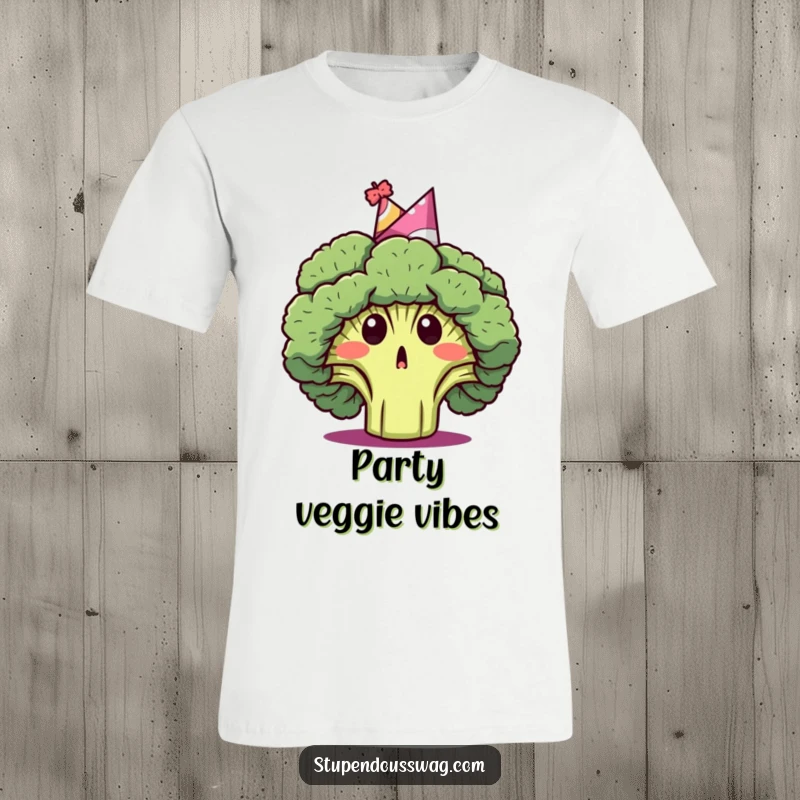 Funny t-shirt with a surprised broccoli head wearing a festive party hat, exuding cheerful, unexpected joy.