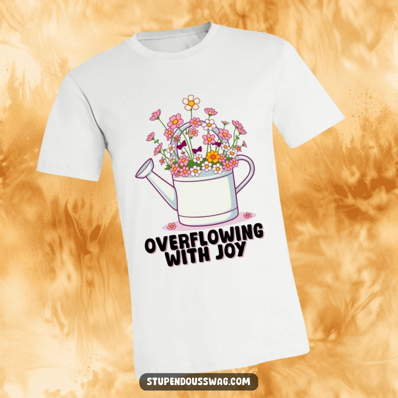 Funny t-shirt featuring a giggling watering can, overflowing with a cascade of tiny, vibrant flowers, expressing pure joy.
