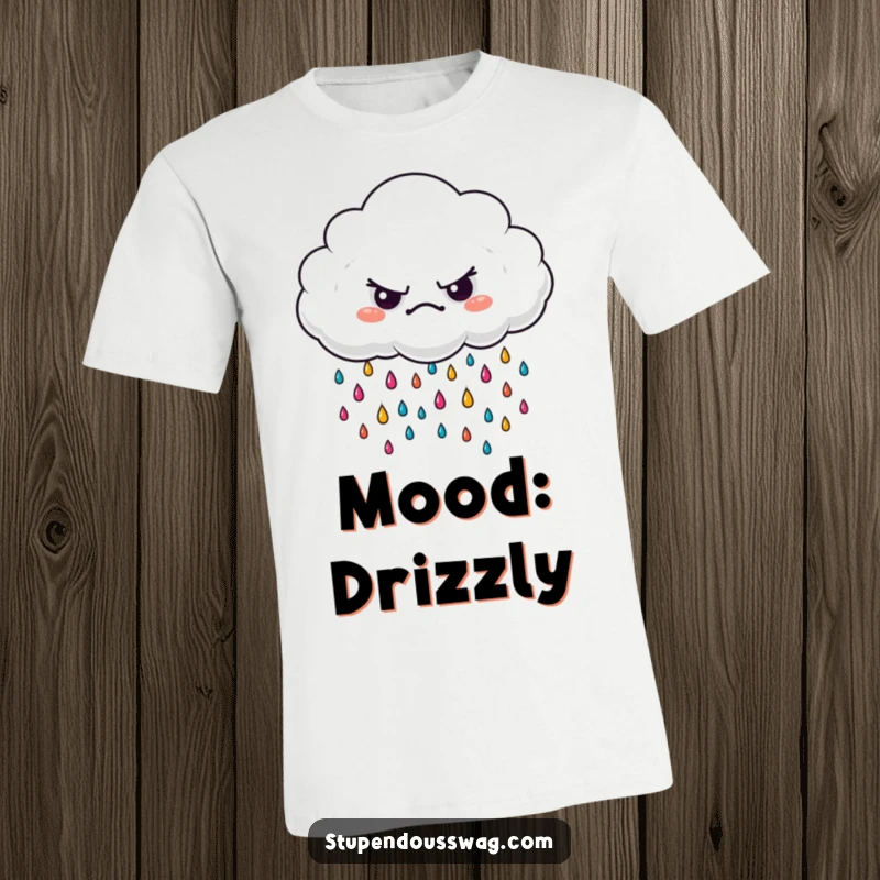 Funny grumpy cloud t-shirt with tiny, brightly colored raindrops falling, exuding a humorous, relatable, slightly annoyed vibe.