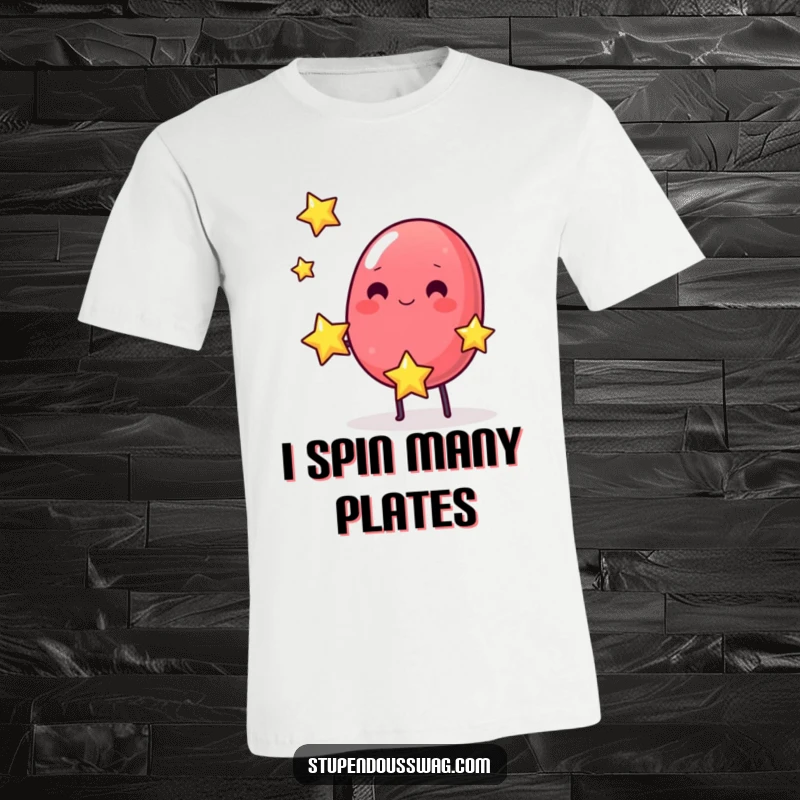 Funny t-shirt featuring a wobbly jelly bean juggling three small, bright, bouncing stars, celebrating cosmic fun.