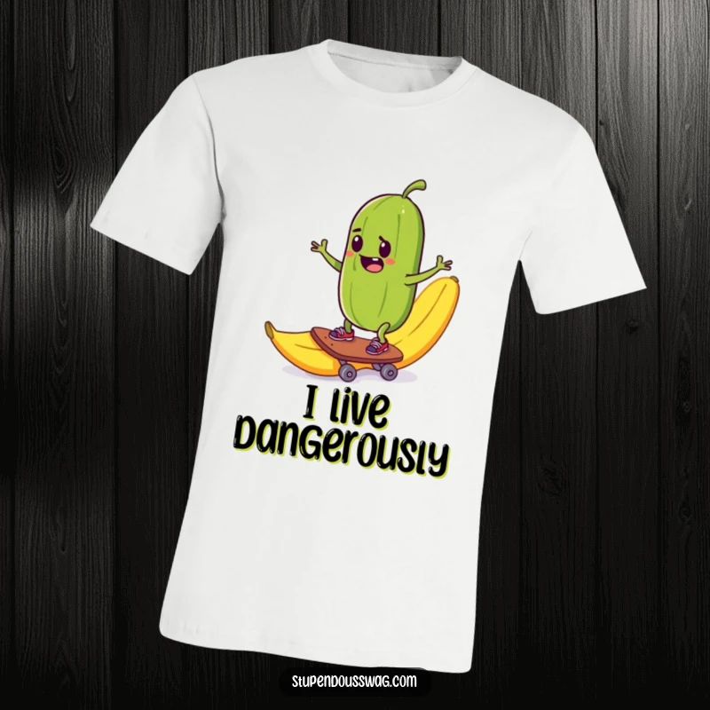 Funny t-shirt featuring a mischievous pickle skateboarding down a banana peel, celebrating extreme pickle sports.