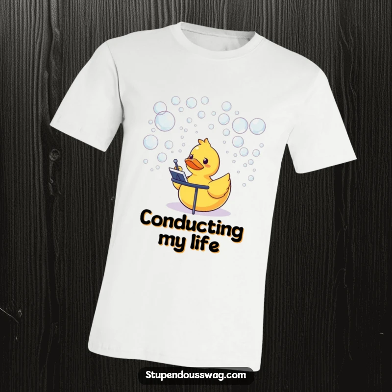 Funny rubber duck enthusiastically conducting a symphony of bubbles, printed on a comfortable t-shirt.