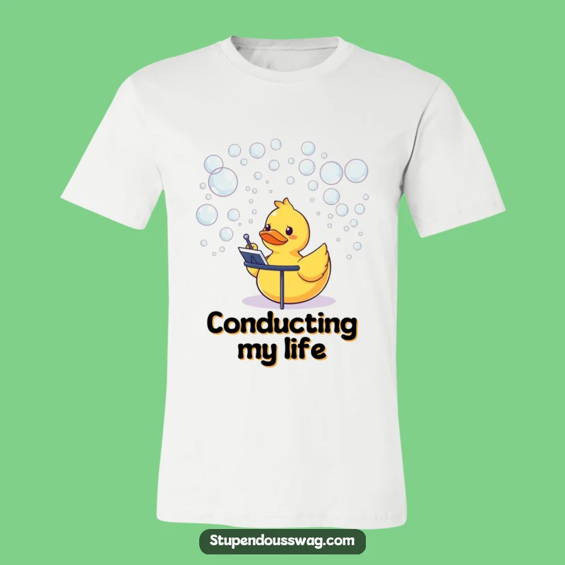 Funny Rubber Duck Conductor T-Shirt: Quirky Bubble Maestro Tee