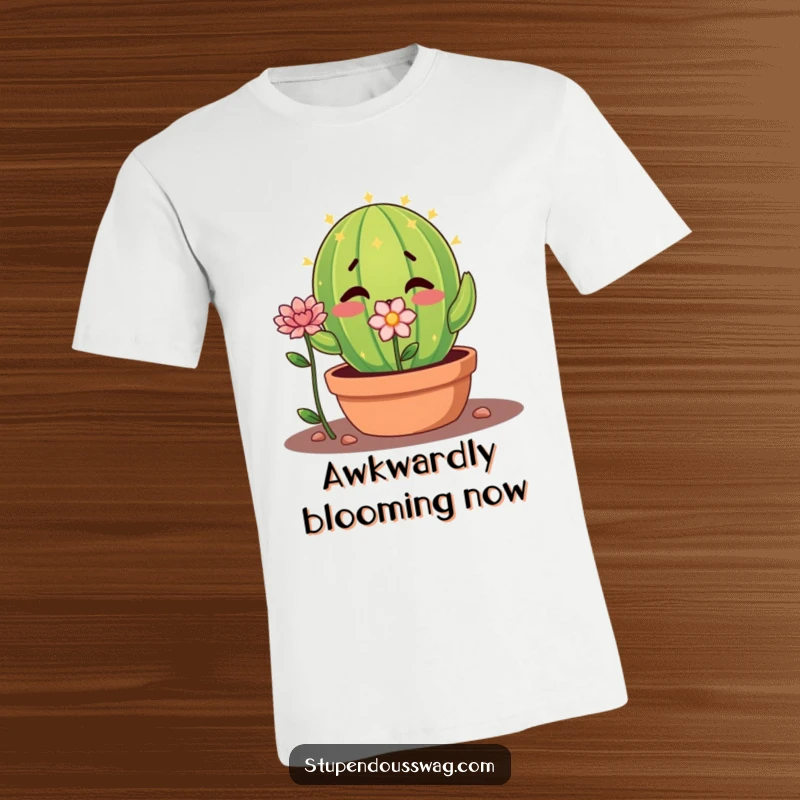 Funny shy cactus t-shirt with a nervous plant offering a flower, a gentle and humorous apparel gift.