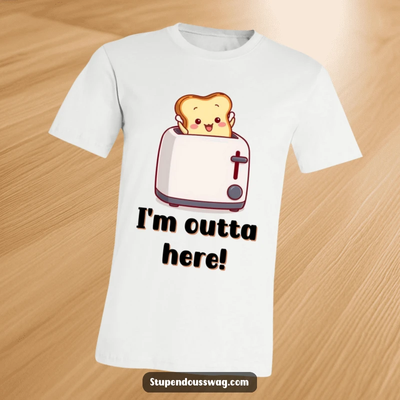 Funny T-Shirt: A piece of toast dramatically leaping upwards from a popping toaster, a humorous breakfast scene.