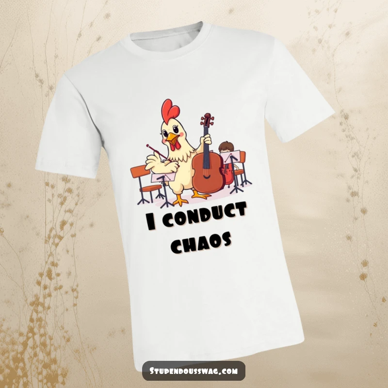 Funny t-shirt depicting a rubber chicken attempting to conduct an orchestra, perfect for lovers of music and absurd comedy.