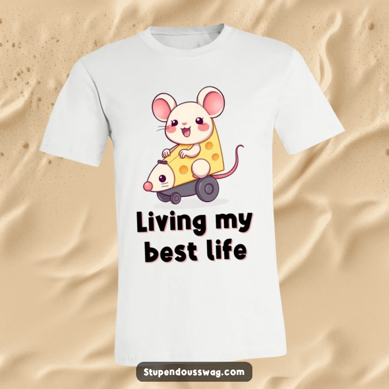 A happy piece of cheese riding a squeaky toy mouse, depicted on a comfortable and fun t-shirt.