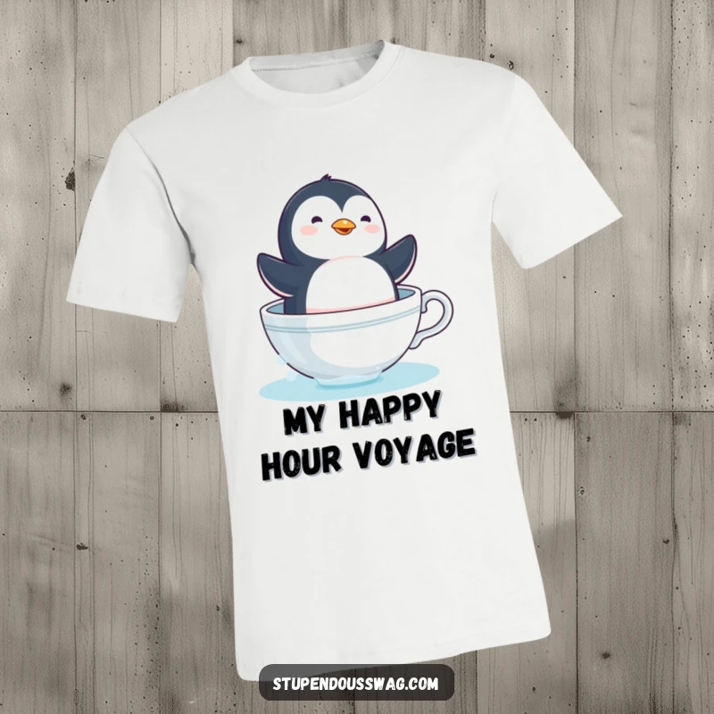 Funny dizzy penguin teacup t-shirt showing a comical bird sailing in a coffee cup, a humorous apparel gift.