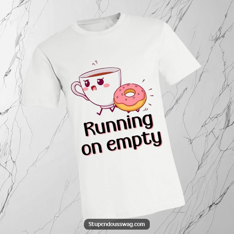Funny Teacup Donut Chase T-Shirt: A startled teacup is chased by a relentless, rolling donut.