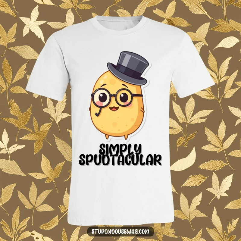 Funny t-shirt depicting a silly potato in a monocle and top hat, representing distinguished humor and a love for clever, vegetable-themed jokes.