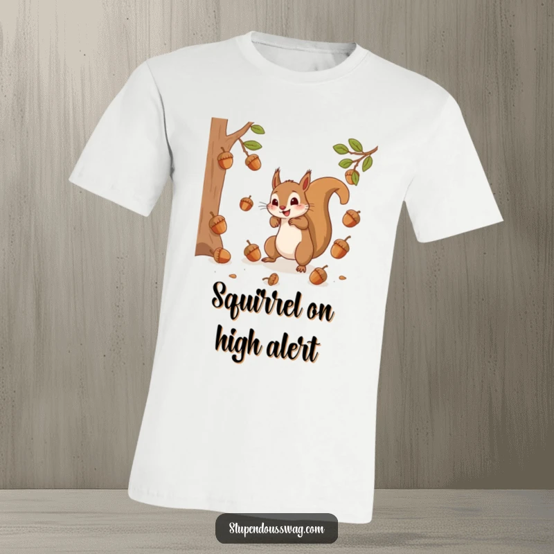 A frantic squirrel leaping and trying to catch falling, bouncing acorns, printed on a funny and dynamic t-shirt.